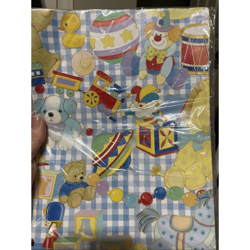 Vtg Baby Gift Wrap Paper Bears, Toys & Clowns Sealed Pkg 1 Sheet